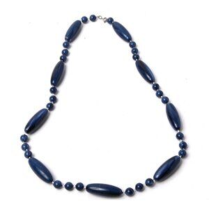 Vintage Oblong Acrylic Beaded Necklace Navy Blue Beads Long Tapered Retro 80s